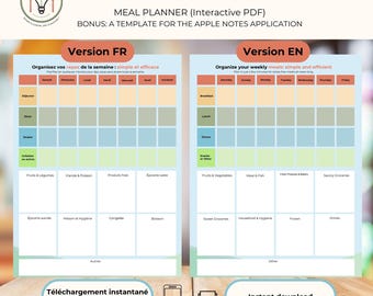 Planificador de comidas PDF digital y notas para iPhone imprimibles y digitales FR EN