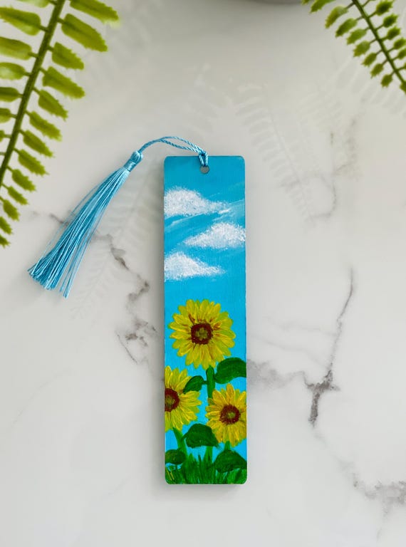 Hand-painted Wooden Bookmark: Sunflower Field Art With Tassel - Etsy