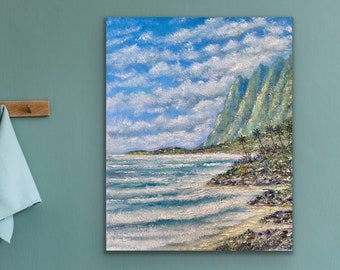 ISLAND COAST Original Hawaiian Island 20”x16” Quality Textured Oil Painting by Oahu Hawaii Artist d.mcGeary