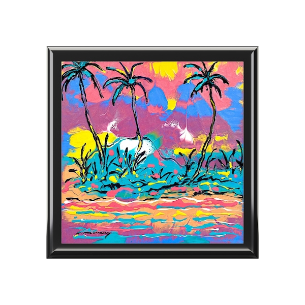 TURQUOISE PINK TROPICAL Palm Tree and Beach Jewelry Box,  Perfect for Sea Shell Related Accessories, Rings and Earrings