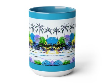 Palm trees 15oz coffee mug, Tropical Beach Scene PALMS OF PARADISE, Hawaiian Island beverage holder