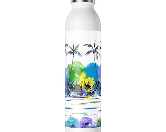 PALM TREES of PARADISE Water Bottle, Slim 20 ounce Beverage Holder, Tropical Island Beach Scene