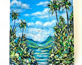 Small Painting Tropical Palm Trees Ocean View - Collectible - Ships Fast!