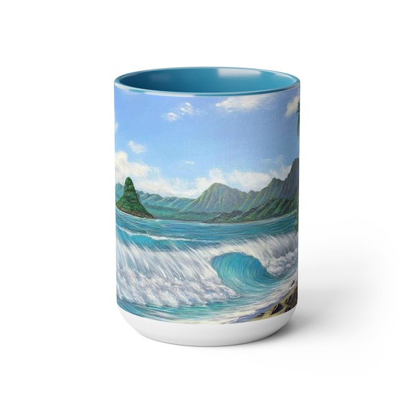 CHINAMAN'S HAT HAWAII Coffee Mug 15oz, Kualoa Ranch view, décor Tropical Island, Two Tone Hawaiian drink holder