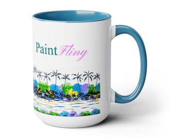 Two-Tone Coffee Mug, 15oz PAINTFLING Paint Party Painting 15oz coffee mug, Tropical Beach Scene