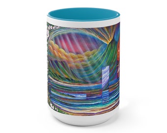 HAWAIIAN ISLAND ART with Rainbow, Plumeria Flowers, Volcano, Sunset and much more, 15oz Colorful Coffee Mug