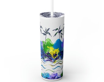 Skinny Tropical Tumbler with Straw, 20oz PALM TREES BEACH, Colorful Beverage Holder