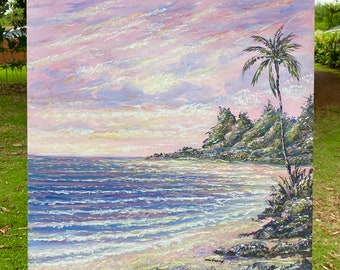 Pink Tropical Sunset Original Hawaiian Island 20”x 20” Quality Oil Painting of Palm Trees Beach Oahu Hawaii Artist d.mcGeary