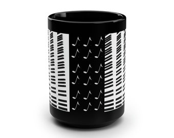 Coffee Mug MUSIC NOTES PIANO Keys Modern Black Coffee Mug, 15oz, Cool Monochromatic Keyboardist Design Beverage Holder