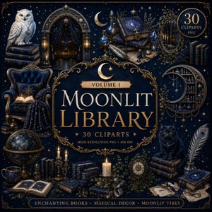 Könnte beinhalten: Eine digitale Sammlung von 30 Moonlit Library Clipart-Bildern mit einer weißen Eule, Stapeln dunkelblauer Bücher, einem Samtsessel, einem halbmondförmigen Regal, einer schwarzen Katze, Kerzen, einem Globus und verzierten Rahmen auf sternenklarem Grund.