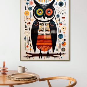 Eule Bild im Folk Stil, Eule Bild, Eule Poster, Eule Portrait, Eule Wandbild, Einfache Formen, Folk Kunst Malerei, Leinwand Wandkunst, Tier Poster