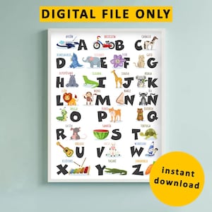 DIGITAL Spanish Alphabet Poster for Kids, ABC Poster for Children, Animal Alphabet, ABC Spanish, Spanish Classroom Decor, Spanish Letters