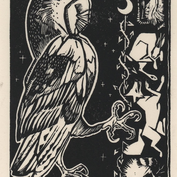 Heralds of the Night - Hand-printed Linocut Owl Illustration