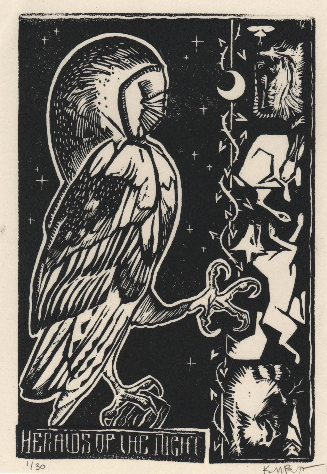 Heralds of the Night - Hand-printed Linocut Owl Illustration