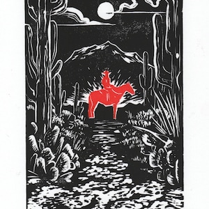 The Stranger - Hand-printed Linocut Western Cowboy Illustration