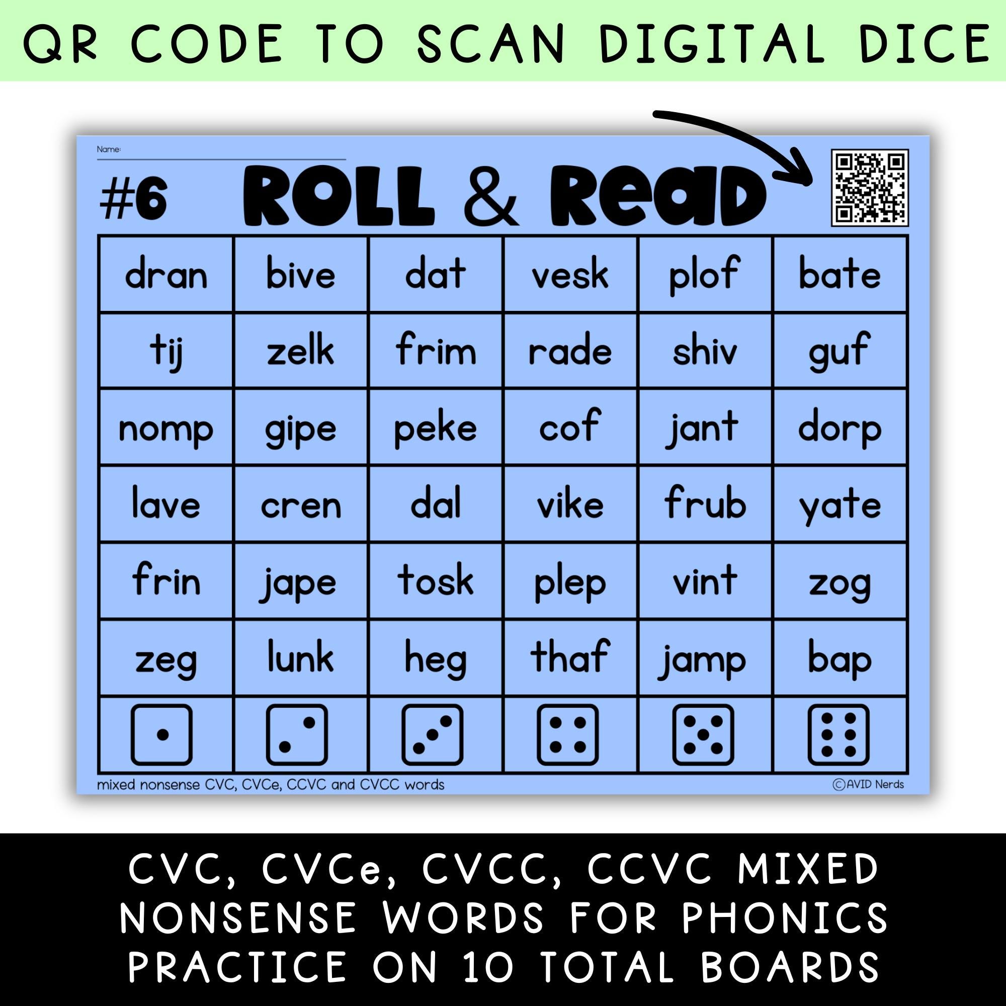 Mixed Nonsense CVC | Cvce | CCVC | CVCC Words | Roll and Read