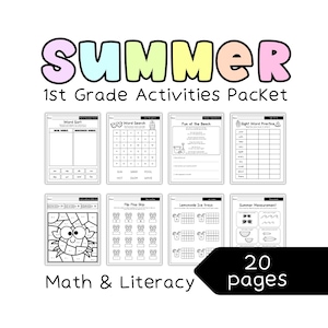 Paquet de feuilles d'exercices pour l'été pour la 1re année, activités de révision de fin d'année, cahier d'exercices de mathématiques et d'alphabétisation, exercices pratiques d'été pour l'école à la maison, PDF sans préparation