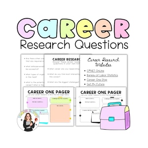 Könnte beinhalten: Ein Set aus Arbeitsblättern mit dem Titel Career Research Questions und Career One Pager, bestehend aus schwarzem Text auf weißem Papier. Die Unterlagen enthalten Fragen zur Berufswahl, Website-Listen und eine Grafik einer helllila Aktentasche.