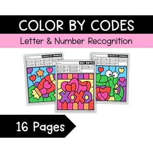以下が含まれることがあります： 「COLOR BY CODES Letter & Number Recognition」のテキストが入った、数字で色を塗るアクティビティシートが3枚。ロケット、ハート、ワニのカラフルな画像が特徴です。左下隅には「16ページ」と表示されています。