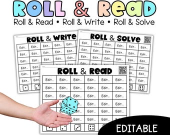 Editable Roll and Read Roll and Write Roll and Solve Templates | Sight Word Phonics Worksheets | Literacy and Math Center Activities
