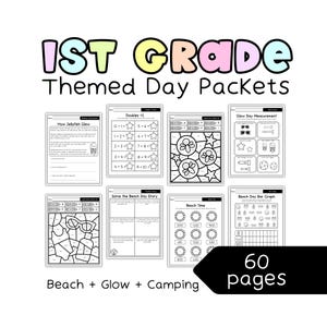 Könnte beinhalten: Eine Sammlung von Themenpaketen für die 1. Klasse mit verschiedenen Lernaktivitäten. Die Pakete enthalten Seiten für Mathematik, Lesen und Ausmalen, mit Themen wie Strand, Glanz und Camping. Das Bild zeigt 60 Seiten mit Lerninhalten.