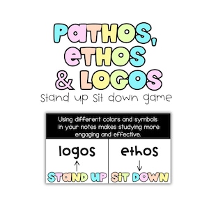 Könnte beinhalten: Eine weiße Grafik mit den Worten "Pathos, Ethos & Logos" in bunten Buchstaben. Darunter steht der Text "Stand up sit down game" in Schwarz. Ein schwarzes Rechteck enthält die Wörter "logos" und "ethos" mit Pfeilen und den Sätzen "Stand Up" und "Sit Down".