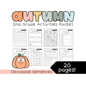 Op de afbeelding: Een educatief activiteitenpakket getiteld Autumn 2nd Grade Activities Packet met 20 pagina's. Het bevat acht zwart-wit werkbladen, waaronder woordzoekers, sommen, kleurplaten van pompoenen, wiskunde en begrijpend lezen oefeningen.