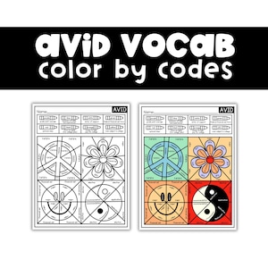 Op de afbeelding: Twee educatieve werkbladen met de tekst "AVID VOCAB color by codes" bovenaan. Elk werkblad heeft een kleurgecodeerde vocabulaire-activiteit met geometrische vormen en het woord "AVID" bovenaan.