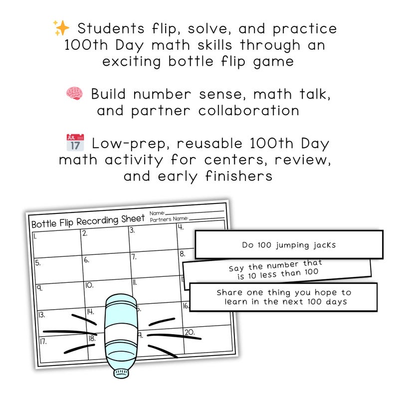 100th Day of School Math Activities | Bottle Flip Math Game Printable ...