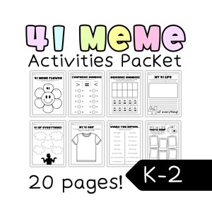 May include: A packet of 20 pages of activities for grades K-2, with the title "41 Meme Activities Packet." The pages include activities like comparing numbers, ordering numbers, and a "My 41 Life" section. The cover features colorful text.