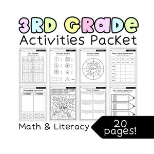 May include: A packet of 20 pages of 3rd grade math and literacy activities. The pages include fact families, fraction models, division wheels, and word problems. The title "3RD GRADE Activities Packet" is at the top.