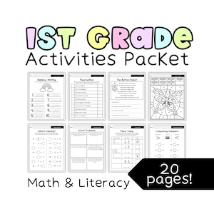 May include: A pack of 1st Grade Activities with math and literacy worksheets. The worksheets include rainbow writing, punctuation, word problems, and place value. The pack has 20 pages.