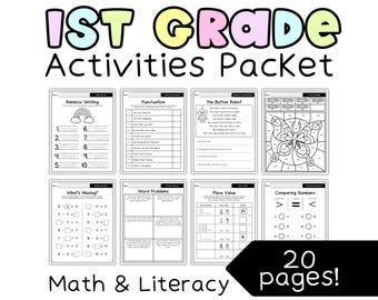First Grade Early Finisher Activities | 20 Page Math & Literacy Packet | No Prep Worksheets | Independent Work | Printable
