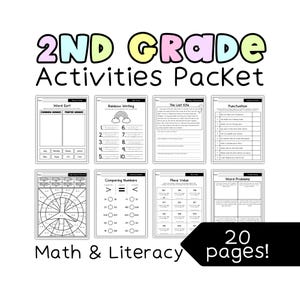 Könnte beinhalten: Ein Paket mit Aktivitäten für die 2. Klasse mit dem Titel "2ND GRADE Activities Packet" in Rosa, Gelb und Grün. Das Paket enthält Arbeitsblätter für Wortsorten, Regenbogen-Schreiben, Zeichensetzung und Matheaufgaben. Die Wörter "Math & Literacy" und "20 pages!" sind ebenfalls sichtbar.