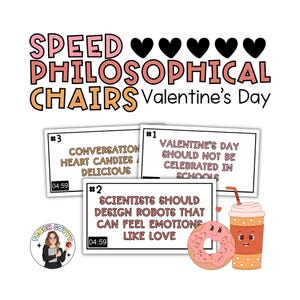 Könnte beinhalten: Eine Grafik zum Valentinstag mit dem Text "SPEED PHILOSOPHICAL CHAIRS". Das Bild enthält drei Karten mit Text, einen Donut und eine Kaffeetasse. Die Karten enthalten Texte wie "Conversation Heart Candies" und "Scientists Should Design Robots".