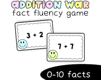 Juego de guerra de sumas imprimible / Sumas del 0 al 10 / Tarjetas para practicar la fluidez en las operaciones matemáticas básicas / Centro de matemáticas para kínder y primer grado