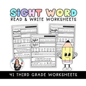 May include: A collection of 41 third-grade sight word worksheets. The worksheets feature the words "much", "light", and "laugh", with fill-in-the-blank exercises and sentence writing prompts. A cartoon pencil character is also featured.
