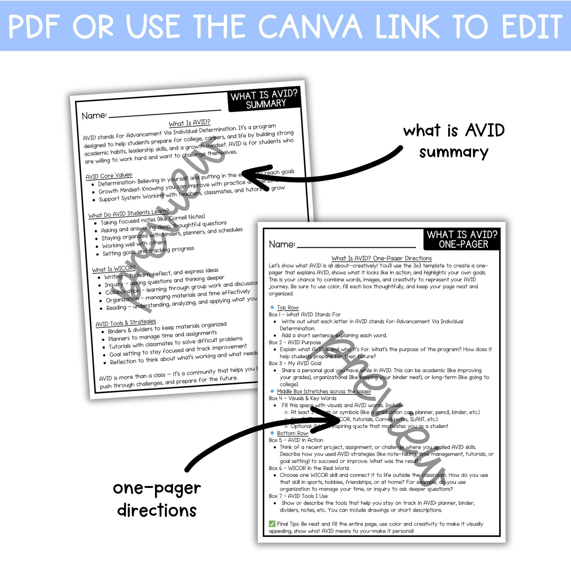 One Paper Avid Examples Editable AVID One-pager Activity | What is AVID Worksheet | Back to ...