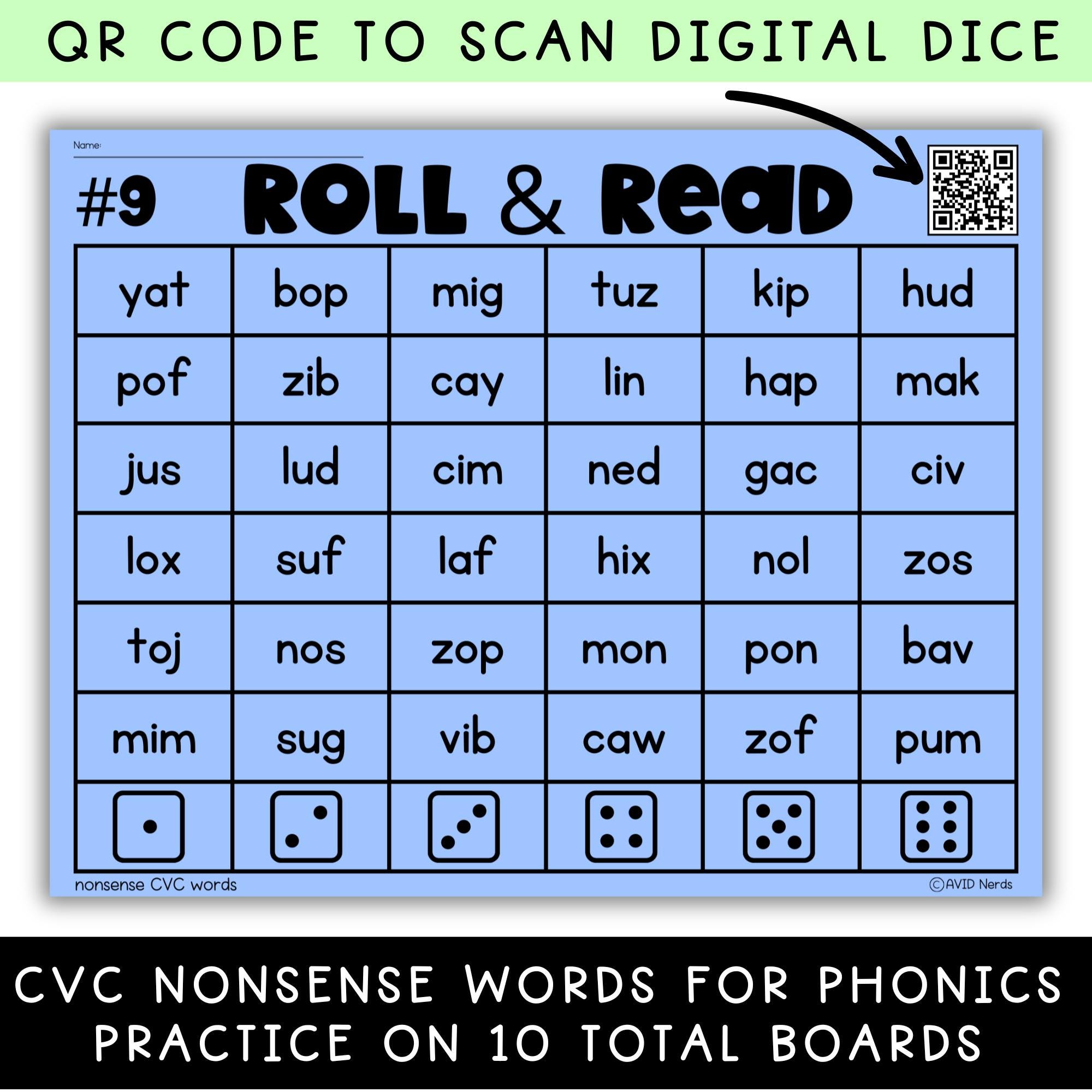 Nonsense CVC Words Phonics Worksheets | Roll and Read Games for ...