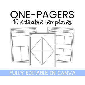Puede incluir: Tres plantillas de una página blancas con contornos negros y una variedad de diseños. El texto "ONE-PAGERS 10 editable templates" está en la parte superior. El texto "FULLY EDITABLE IN CANVA" está en la parte inferior.