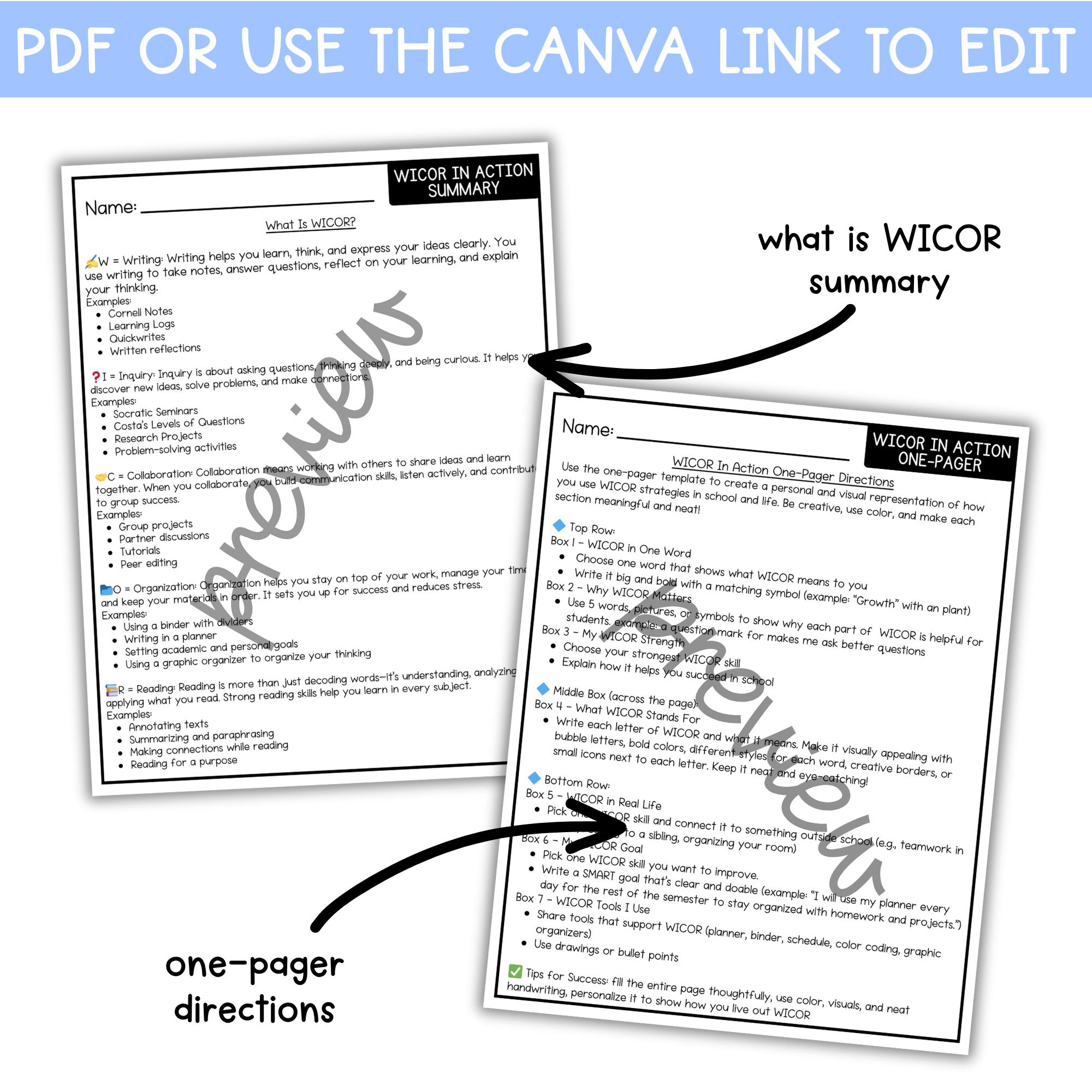 WICOR One Pager for AVID | Writing Inquiry Collaboration Activity ...