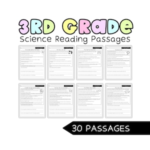 May include: A white background features the text "3RD GRADE Science Reading Passages" in colorful bubble letters. Below are eight black and white reading passages. A black arrow points to the text "30 PASSAGES".