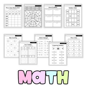 May include: A collection of printable math worksheets for various topics, including place value, word problems, and skip counting. The worksheets are black and white with clear text and diagrams, suitable for elementary students. The word "MATH" is displayed in colorful letters.