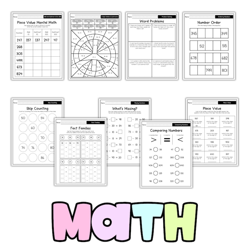 May include: A collection of printable math worksheets for various topics, including place value, word problems, and skip counting. The worksheets are black and white with clear text and diagrams, suitable for elementary students. The word "MATH" is displayed in colorful letters.