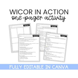 May include: A collection of white, printable one-pager activity sheets with the text "WICOR IN ACTION" and "one-pager activity" in black. The sheets are designed for educational use and are fully editable in Canva.