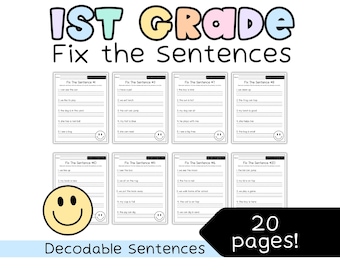 Decodable Fix the Sentence 1st Grade • Phonics + Capitalization, Punctuation & Grammar Worksheets • Literacy Centers