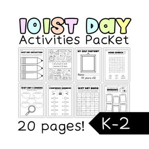 May include: A pack of 101st Day activities for children in Key Stage 1. The cover displays the text "101ST DAY Activities Packet". Inside are 20 pages of worksheets, including a reflection, self-portrait, word search, and bingo, suitable for ages 5-7.