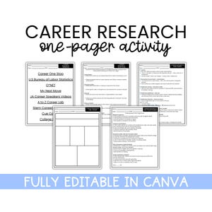 May include: A collection of white career research one-pager activity sheets with black text. The title "CAREER RESEARCH one-pager activity" is at the top. The text "FULLY EDITABLE IN CANVA" is at the bottom. The sheets include prompts and resources.