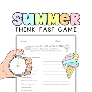 Summer Think Fast Game | End of Year No Prep Activity and Party or Classroom Printable for Kids or Adults | Fast Thinking Brain Break