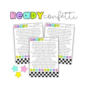 May include: Three printed cards with the text "Ready Confetti" in colorful letters, along with a poem. The cards have a black and white checkered border and smiley faces. Three star-shaped confetti pieces are also included.